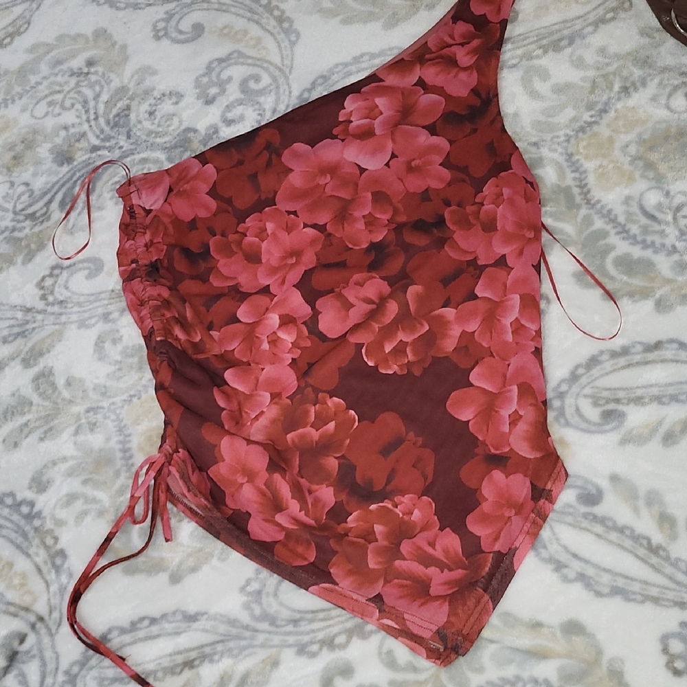 NWT Floral Mesh Y2K Top Red One Shoulder Ruched Side Tie Asymmetrical Size XL